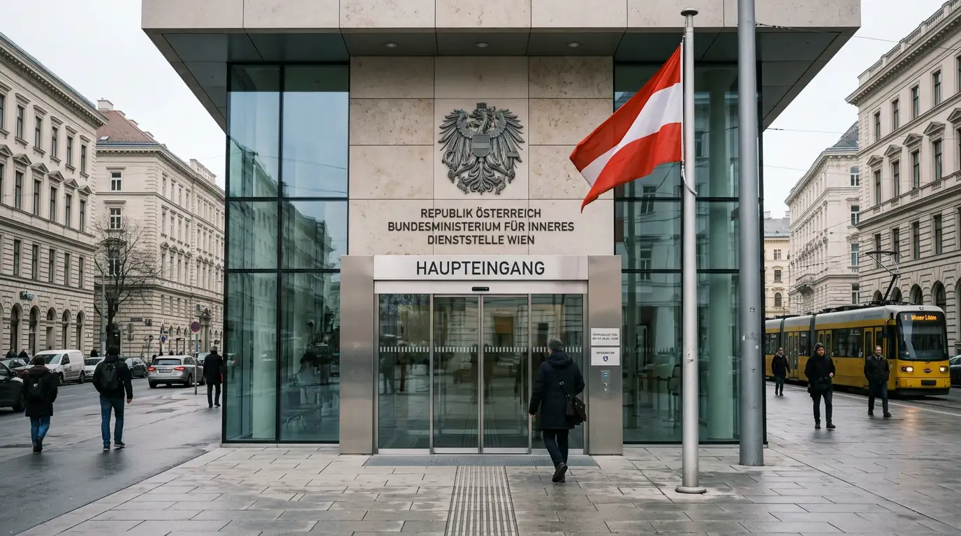Österreichisches Amtsgebäude mit Bundesadler und modernem Eingang