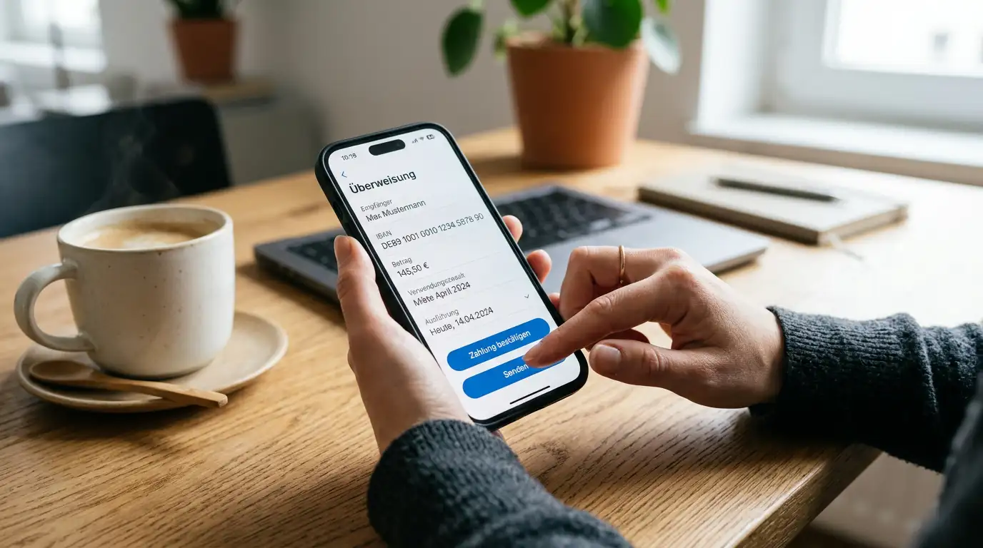 Hand tippt auf Smartphone mit Banking-App für EPS-Einzahlung bei Sportwetten