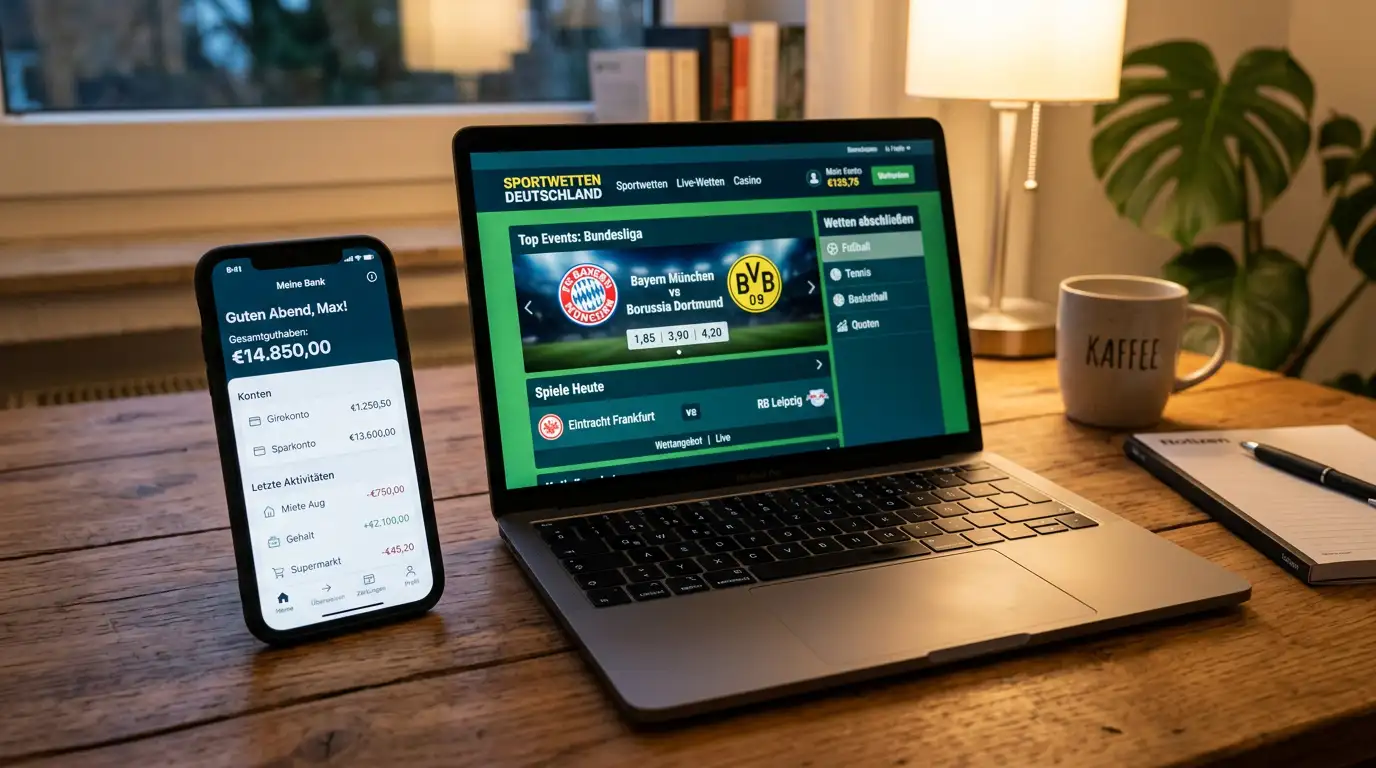 Smartphone mit Banking-App und Laptop mit Sportwetten-Seite auf einem Schreibtisch