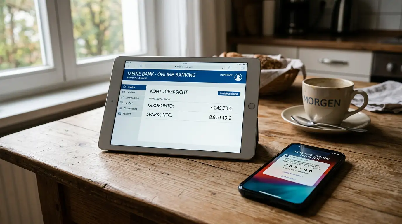 Tablet mit Online-Banking-Portal und Smartphone mit Bestätigungscode