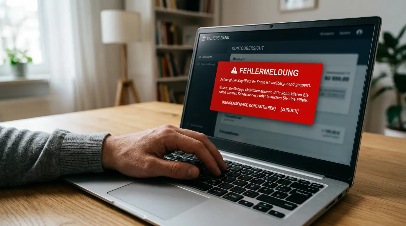 Laptop mit Fehlermeldung auf dem Bildschirm bei einer Online-Banküberweisung