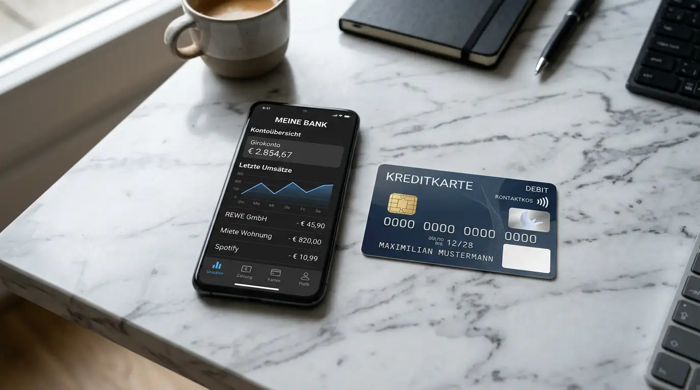 Bankkarte und Smartphone mit Banking-App nebeneinander auf einem Schreibtisch