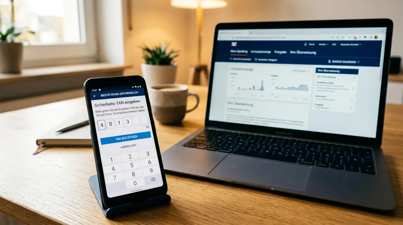 Smartphone mit TAN-Eingabe und Laptop mit Banking-Seite im Hintergrund