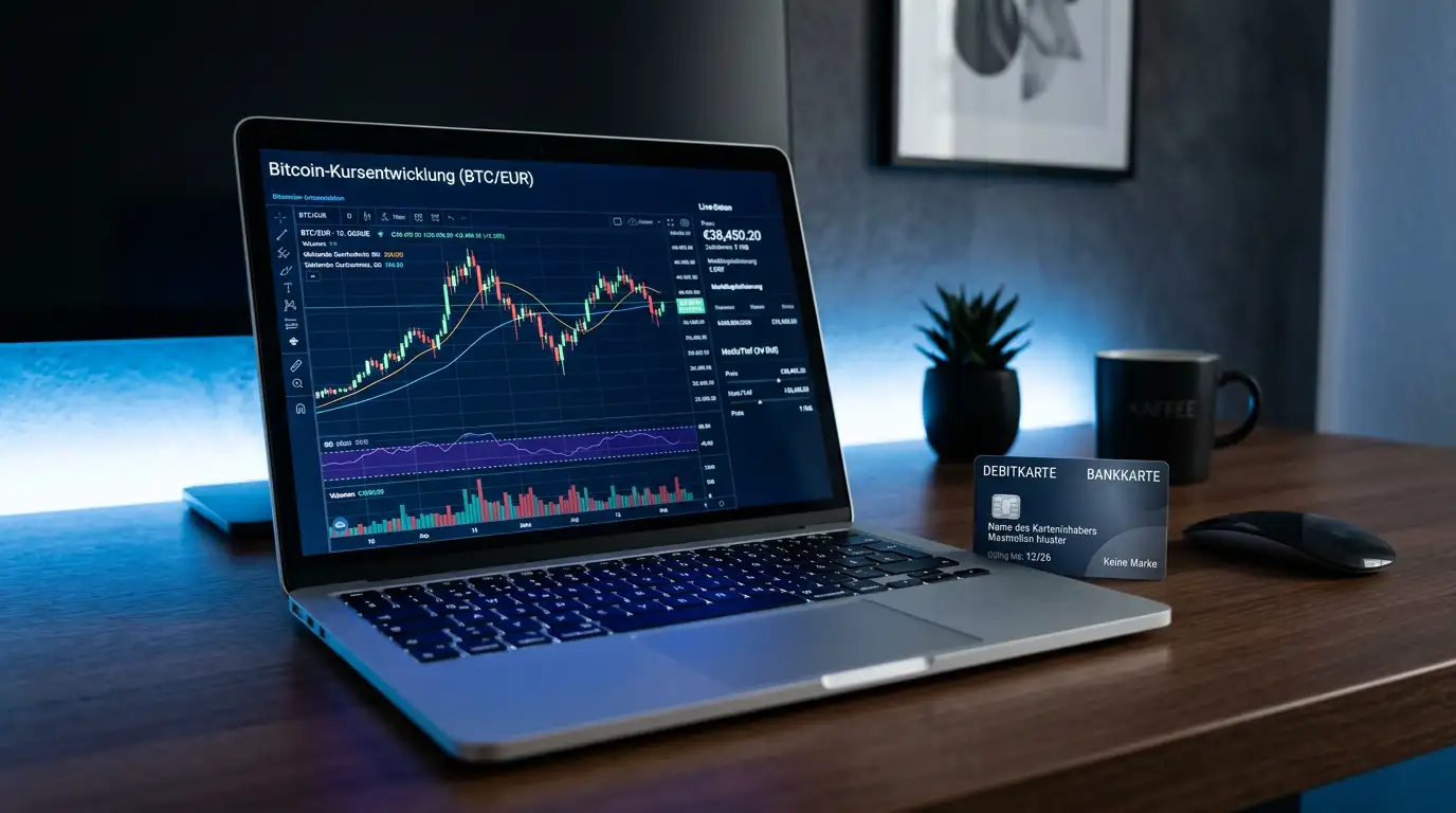 Laptop mit Kryptowährungs-Chart und Bankkarte auf modernem Schreibtisch