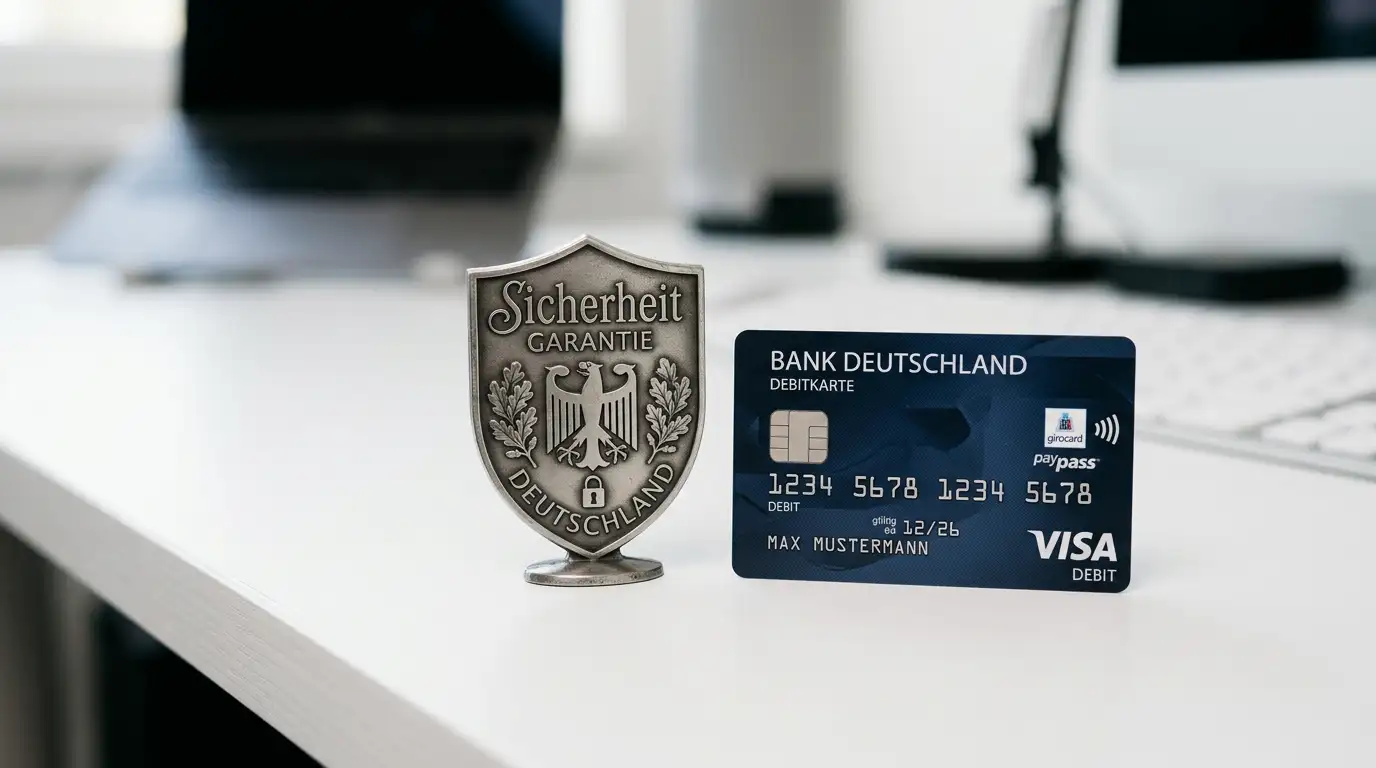 Schutzschild-Symbol neben Bankkarte als Zeichen für Zahlungsgarantie