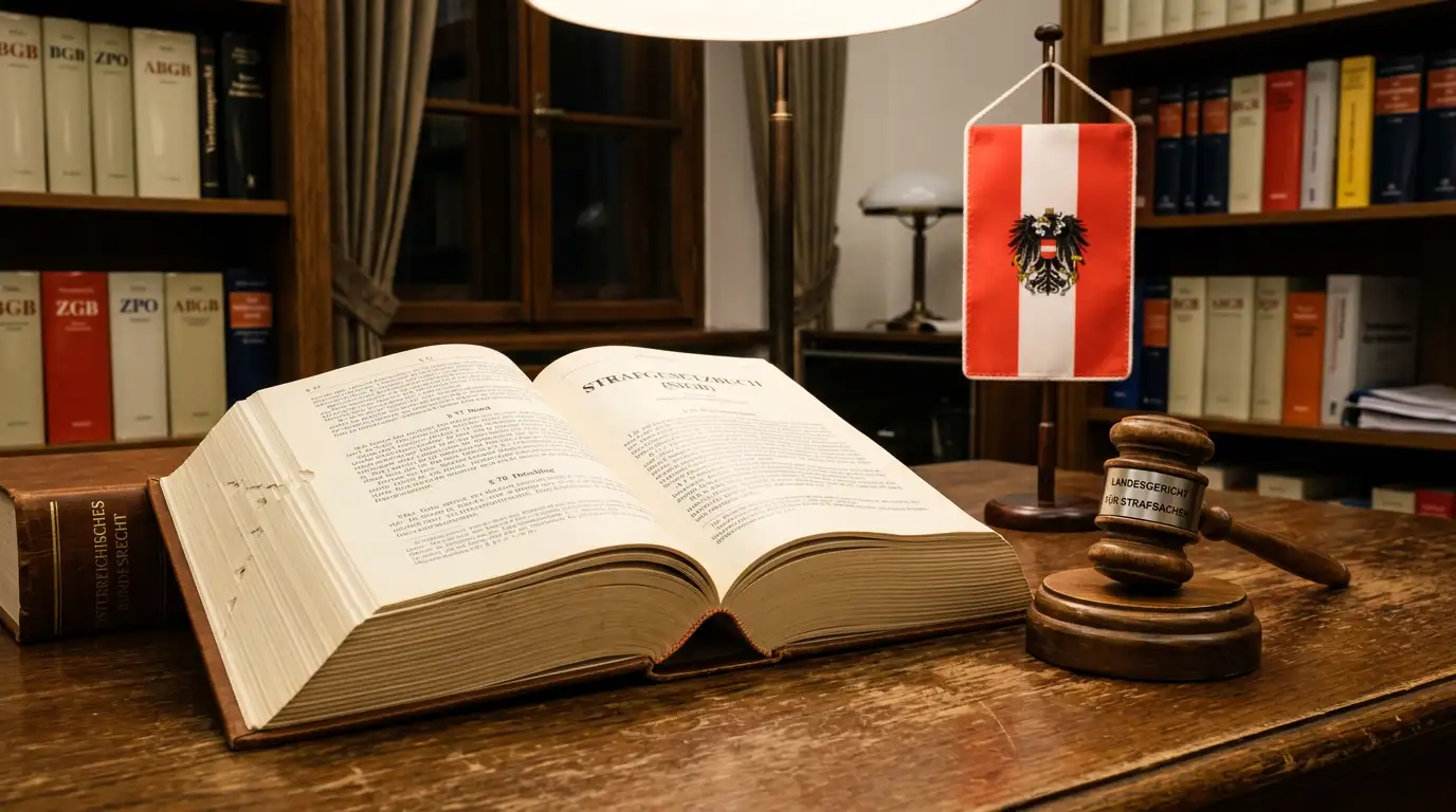 Gesetzbuch und Richterhammer auf einem Schreibtisch mit österreichischer Flagge