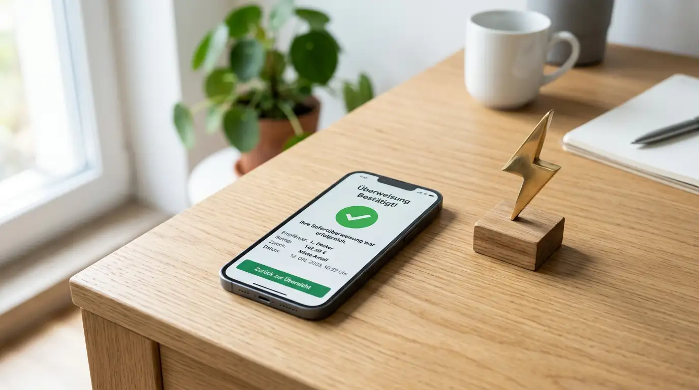 Blitzsymbol neben einem Smartphone mit Echtzeit-Banküberweisung