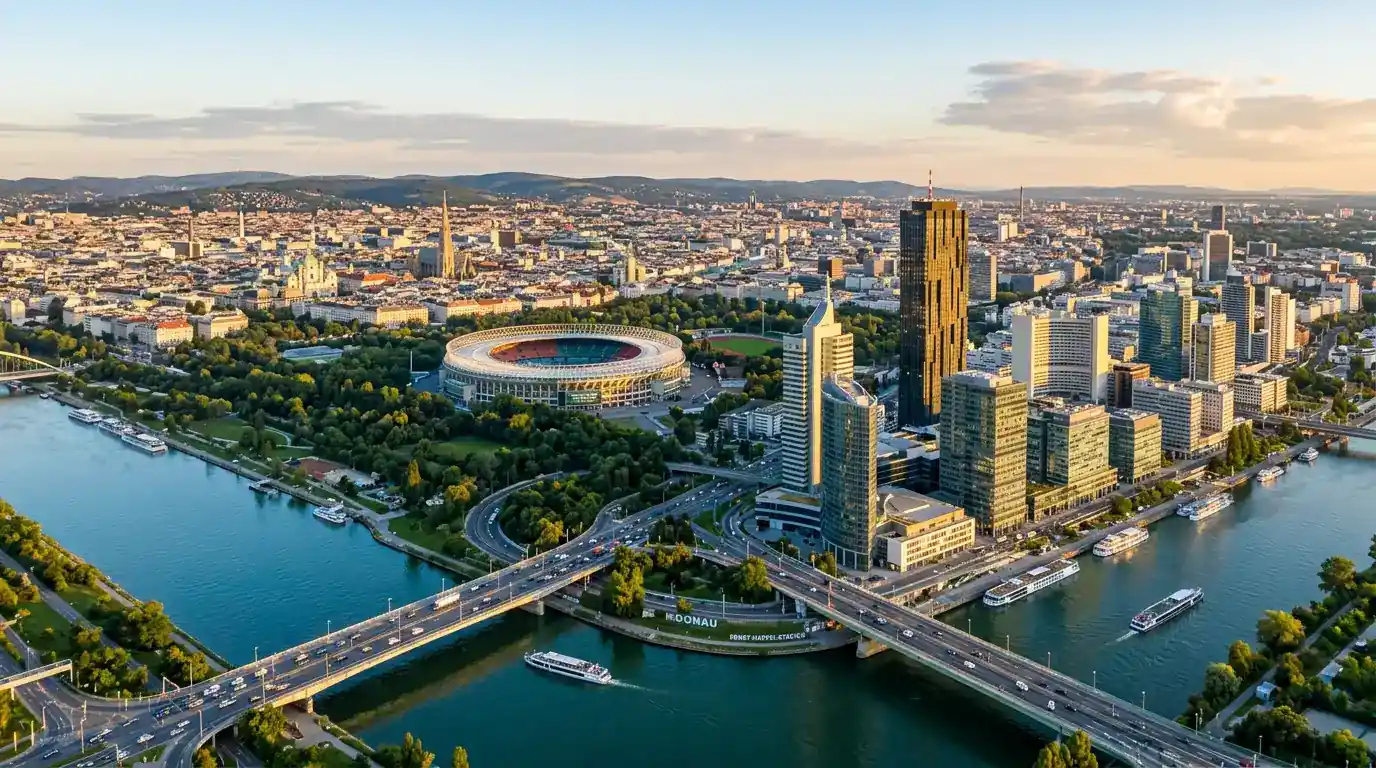 Wiener Stadtpanorama mit modernen Bürogebäuden und Sportarena